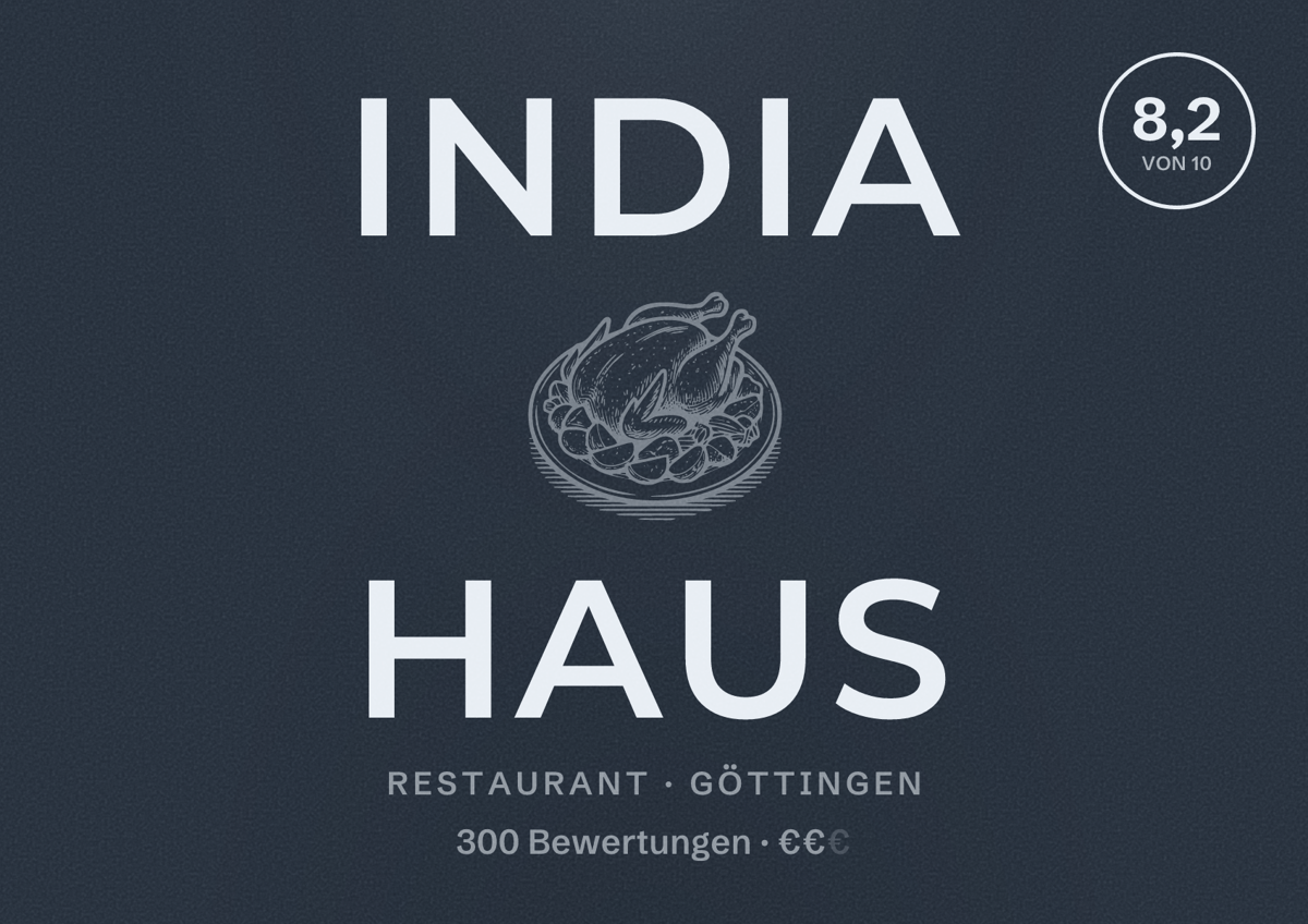Illustriertes Poster von India Haus, Restaurant in Göttingen: Bewertung 8,2 von 10 aus 300 Bewertungen, Preisniveau €€