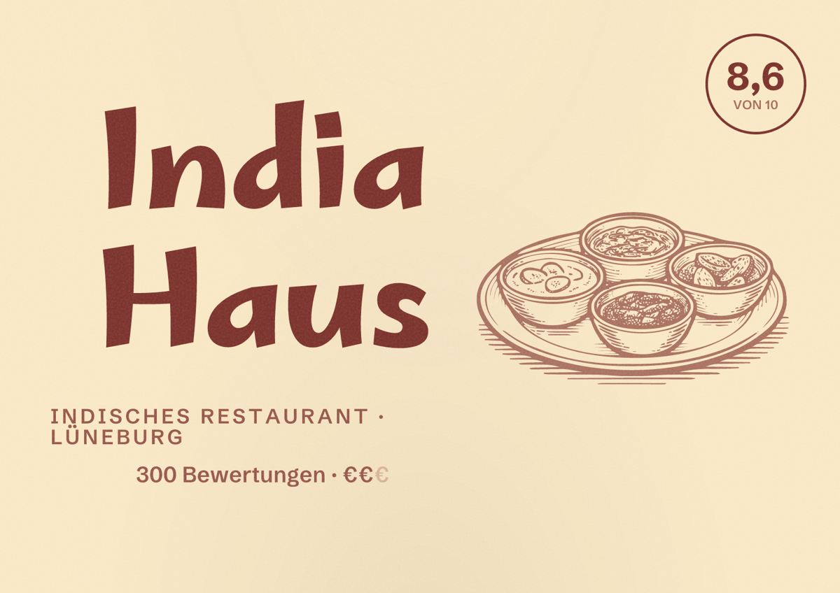 Illustriertes Poster von India Haus, Indisches Restaurant in Lüneburg: Bewertung 8,6 von 10 aus 300 Bewertungen, Preisniveau €€