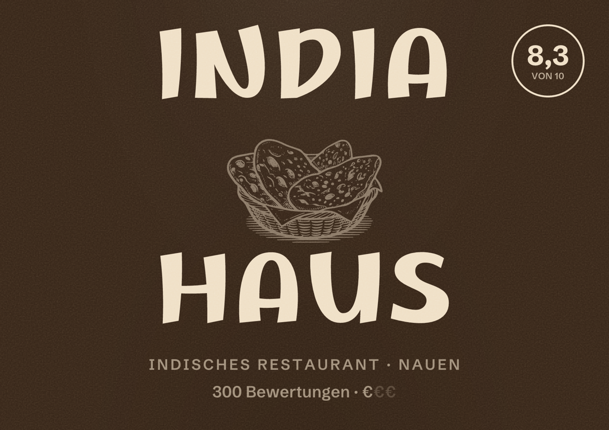 Illustriertes Poster von India Haus, Indisches Restaurant in Nauen: Bewertung 8,3 von 10 aus 300 Bewertungen, Preisniveau €