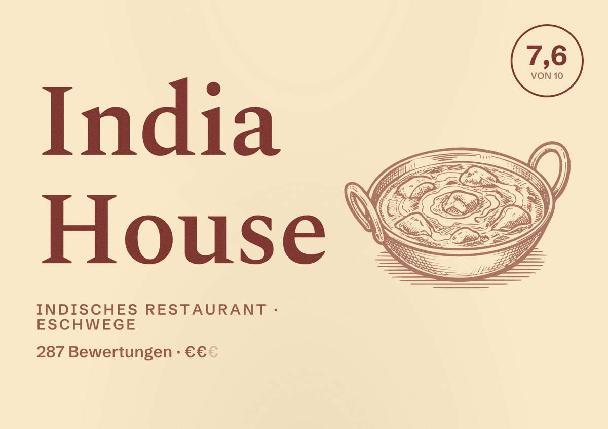 Illustriertes Poster von India House, Indisches Restaurant in Eschwege: Bewertung 7,6 von 10 aus 287 Bewertungen, Preisniveau €€