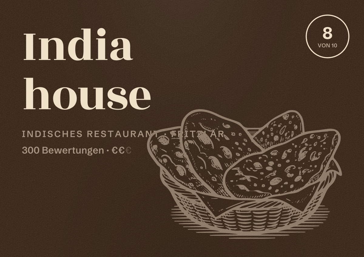 Illustriertes Poster von India house, Indisches Restaurant in Fritzlar: Bewertung 8 von 10 aus 300 Bewertungen, Preisniveau €€