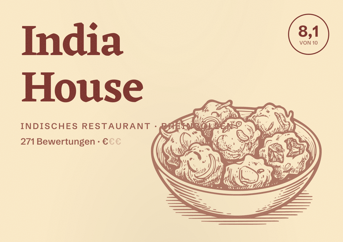 Illustriertes Poster von India House, Indisches Restaurant in Rheinböllen: Bewertung 8,1 von 10 aus 271 Bewertungen, Preisniveau €