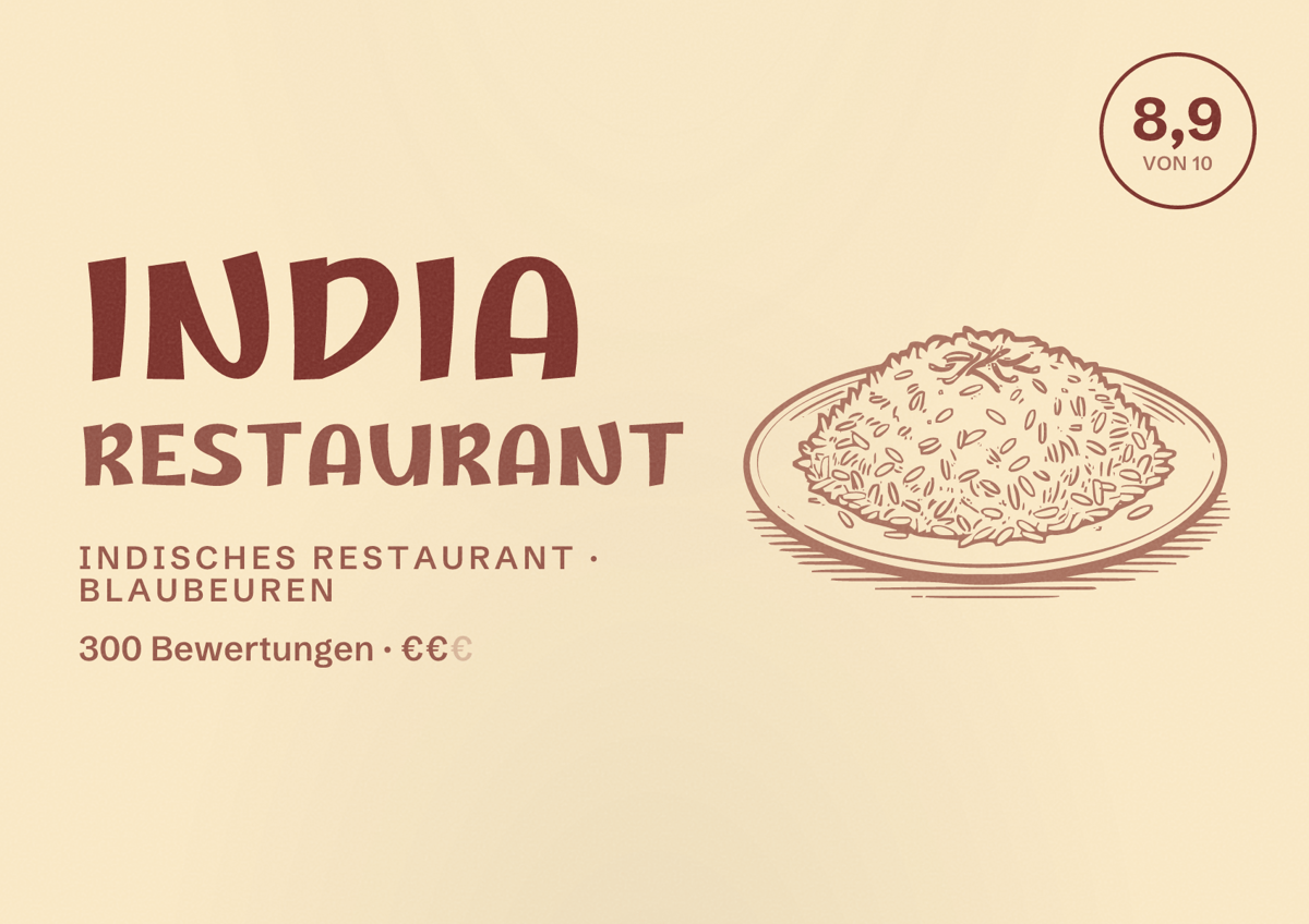 Illustriertes Poster von India Restaurant, Indisches Restaurant in Blaubeuren: Bewertung 8,9 von 10 aus 300 Bewertungen, Preisniveau €€