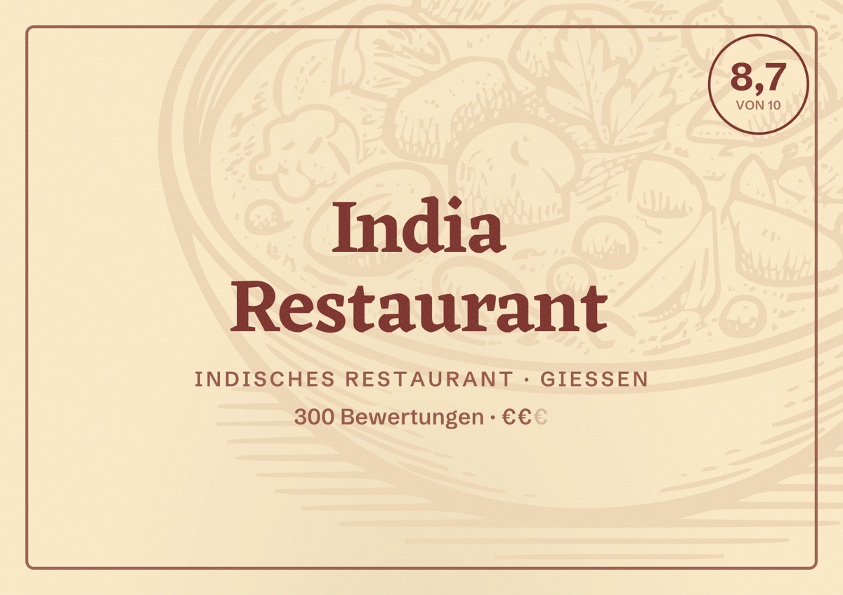 Illustriertes Poster von India Restaurant, Indisches Restaurant in Gießen: Bewertung 8,7 von 10 aus 300 Bewertungen, Preisniveau €€