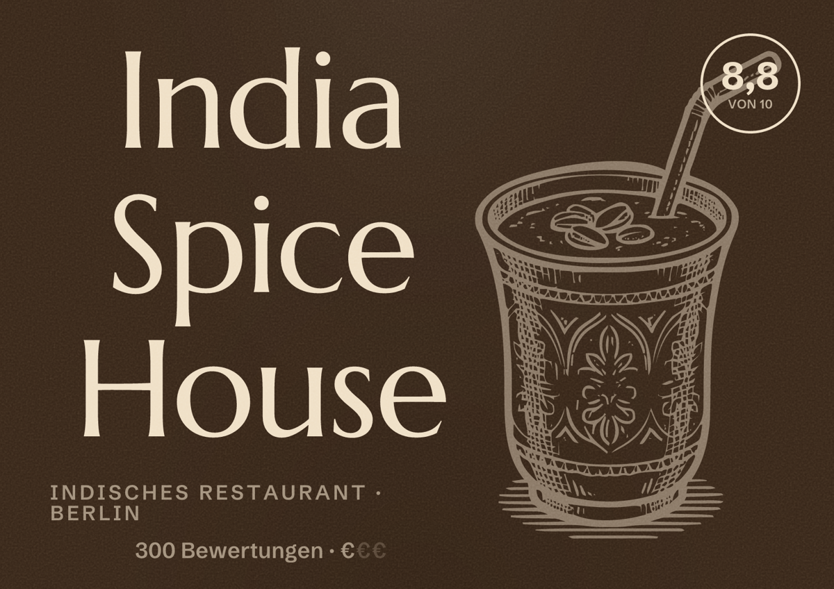 Illustriertes Poster von India Spice House, Indisches Restaurant in Berlin: Bewertung 8,8 von 10 aus 300 Bewertungen, Preisniveau €