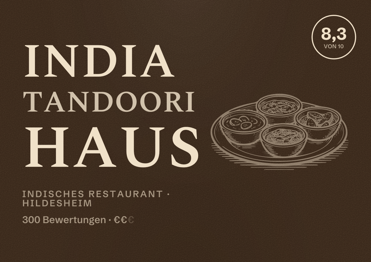 Illustriertes Poster von India Tandoori Haus, Indisches Restaurant in Hildesheim: Bewertung 8,3 von 10 aus 300 Bewertungen, Preisniveau €€