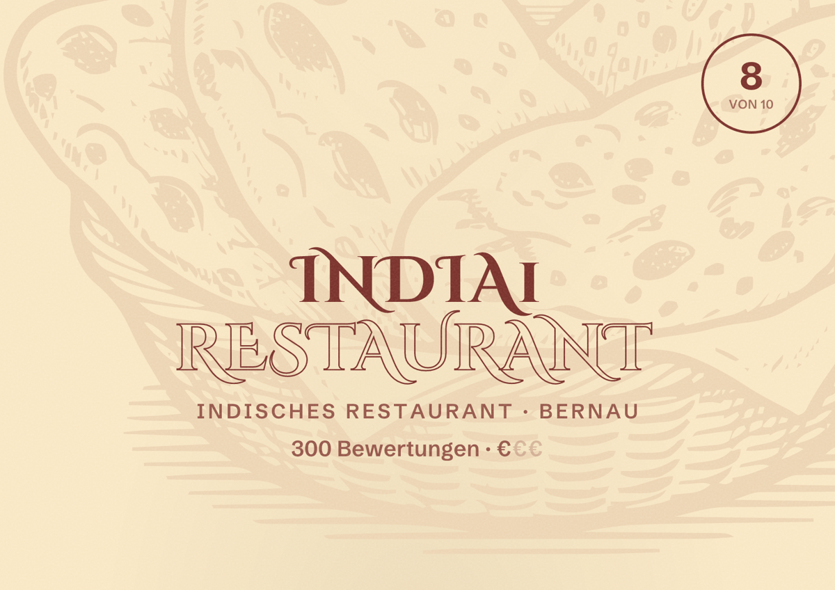 Illustriertes Poster von India1 Restaurant, Indisches Restaurant in Bernau: Bewertung 8 von 10 aus 300 Bewertungen, Preisniveau €