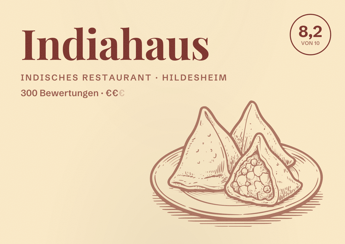 Illustriertes Poster von Indiahaus, Indisches Restaurant in Hildesheim: Bewertung 8,2 von 10 aus 300 Bewertungen, Preisniveau €€