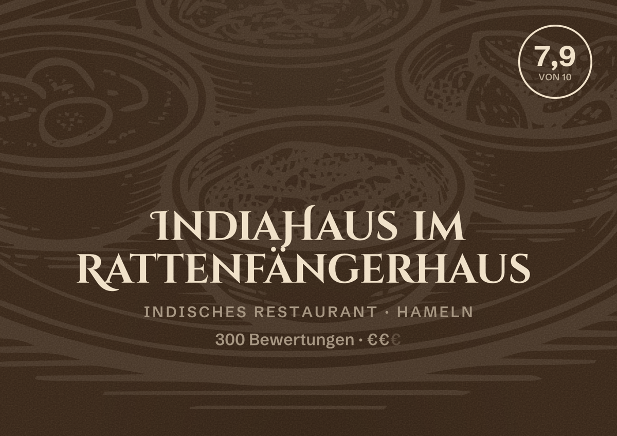 Illustriertes Poster von IndiaHaus im Rattenfängerhaus, Indisches Restaurant in Hameln: Bewertung 7,9 von 10 aus 300 Bewertungen, Preisniveau €€
