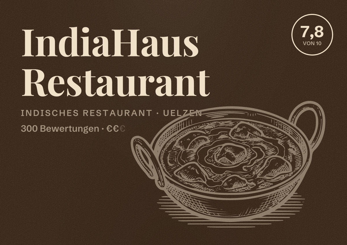 Illustriertes Poster von IndiaHaus Restaurant, Indisches Restaurant in Uelzen: Bewertung 7,8 von 10 aus 300 Bewertungen, Preisniveau €€