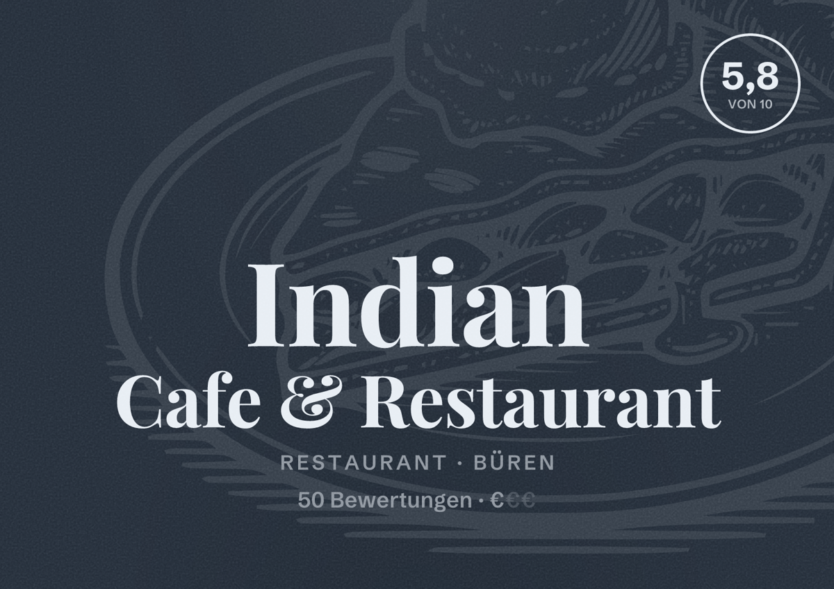 Illustriertes Poster von Indian Cafe & Restaurant, Restaurant in Büren: Bewertung 5,8 von 10 aus 50 Bewertungen, Preisniveau €