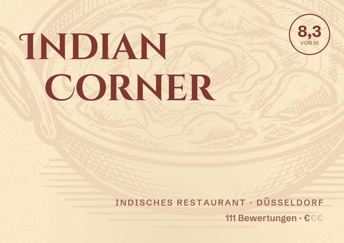 Illustriertes Poster von Indian Corner, Indisches Restaurant in Düsseldorf: Bewertung 8,3 von 10 aus 111 Bewertungen, Preisniveau €