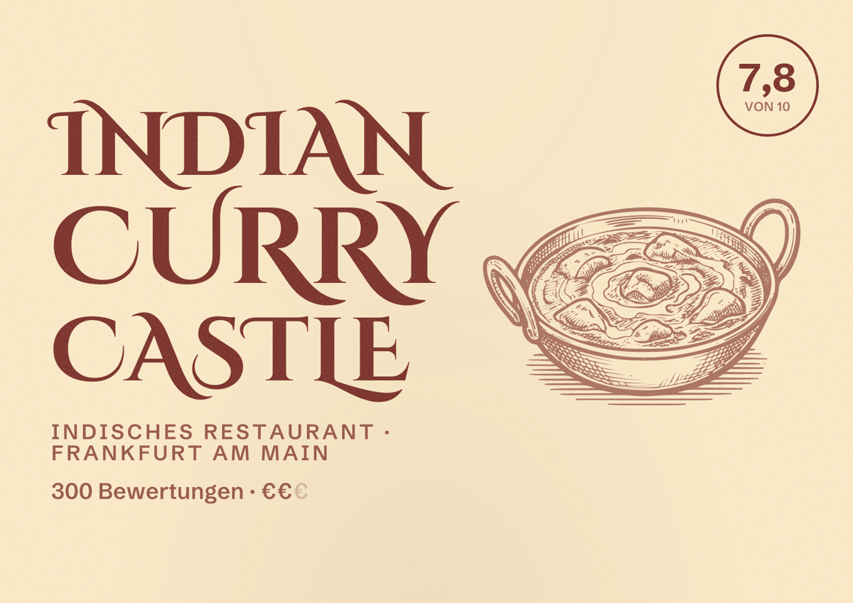 Illustriertes Poster von Indian Curry Castle, Indisches Restaurant in Frankfurt am Main: Bewertung 7,8 von 10 aus 300 Bewertungen, Preisniveau €€