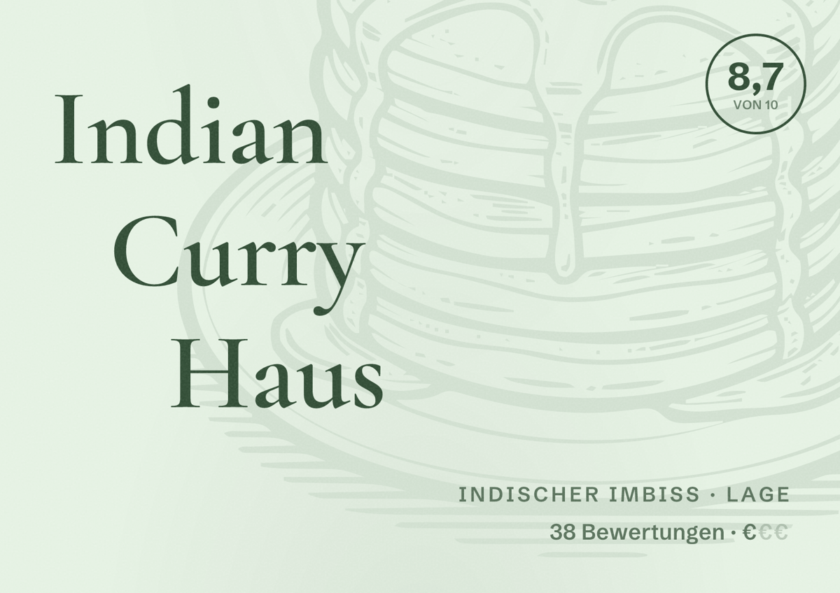 Illustriertes Poster von Indian Curry Haus, Indischer Imbiss in Lage: Bewertung 8,7 von 10 aus 38 Bewertungen, Preisniveau €