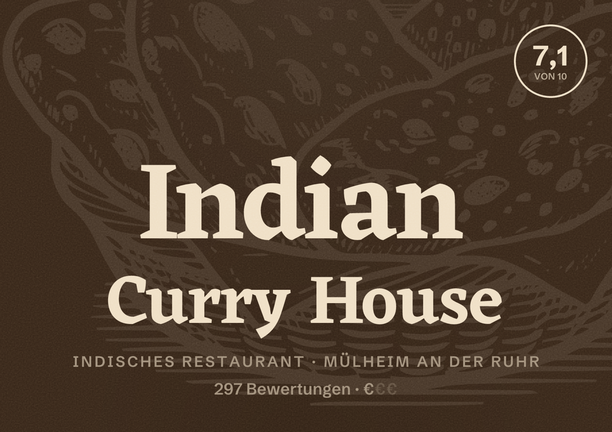Illustriertes Poster von Indian Curry House, Indisches Restaurant in Mülheim an der Ruhr: Bewertung 7,1 von 10 aus 297 Bewertungen, Preisniveau €