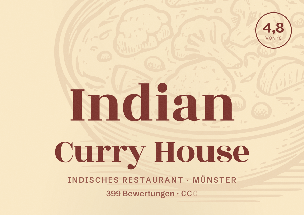 Illustriertes Poster von Indian Curry House, Indisches Restaurant in Münster: Bewertung 4,8 von 10 aus 399 Bewertungen, Preisniveau €€