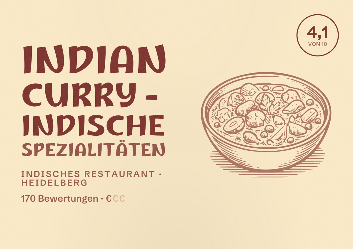 Illustriertes Poster von Indian Curry - Indische Spezialitäten, Indisches Restaurant in Heidelberg: Bewertung 4,1 von 10 aus 170 Bewertungen, Preisniveau €