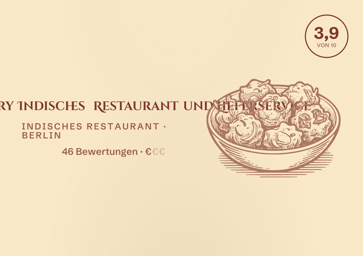 Illustriertes Poster von Indian Curry Indisches Restaurant und Lieferservice, Indisches Restaurant in Berlin: Bewertung 3,9 von 10 aus 46 Bewertungen, Preisniveau €