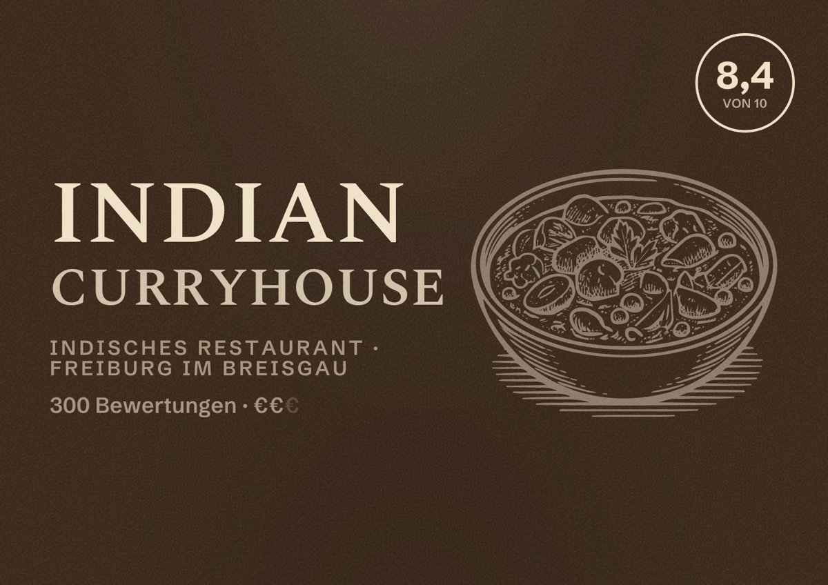 Illustriertes Poster von Indian Curryhouse, Indisches Restaurant in Freiburg im Breisgau: Bewertung 8,4 von 10 aus 300 Bewertungen, Preisniveau €€