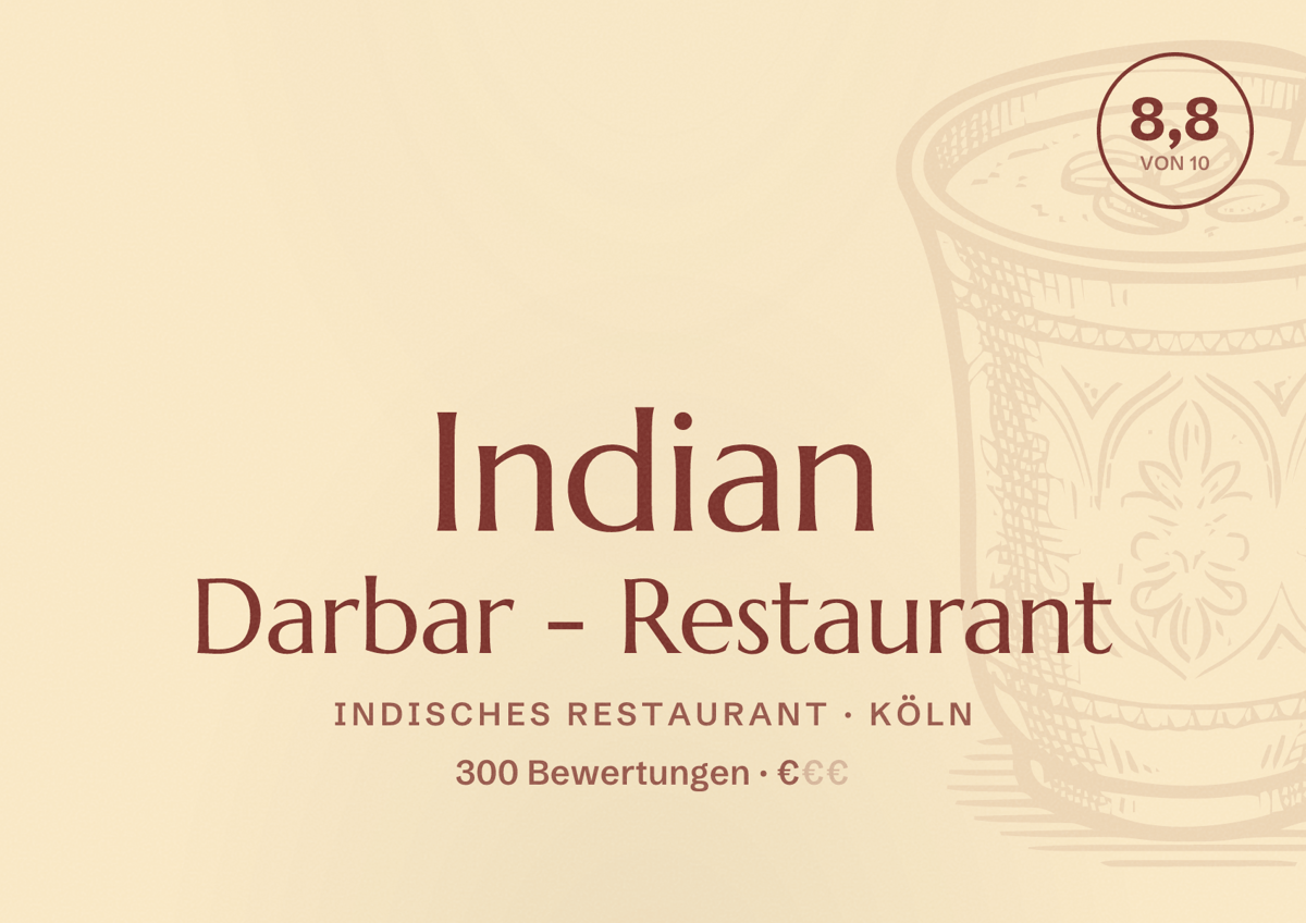 Illustriertes Poster von Indian Darbar - Restaurant, Indisches Restaurant in Köln: Bewertung 8,8 von 10 aus 300 Bewertungen, Preisniveau €
