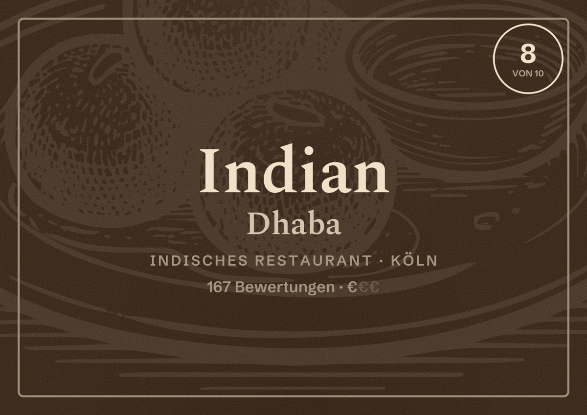 Illustriertes Poster von Indian Dhaba, Indisches Restaurant in Köln: Bewertung 8,0 von 10 aus 167 Bewertungen, Preisniveau €