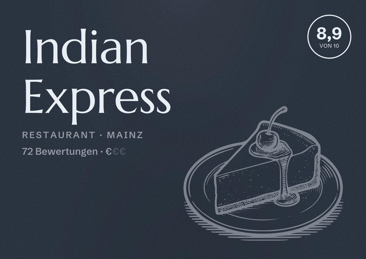 Illustriertes Poster von Indian Express, Restaurant in Mainz: Bewertung 8,9 von 10 aus 72 Bewertungen, Preisniveau €