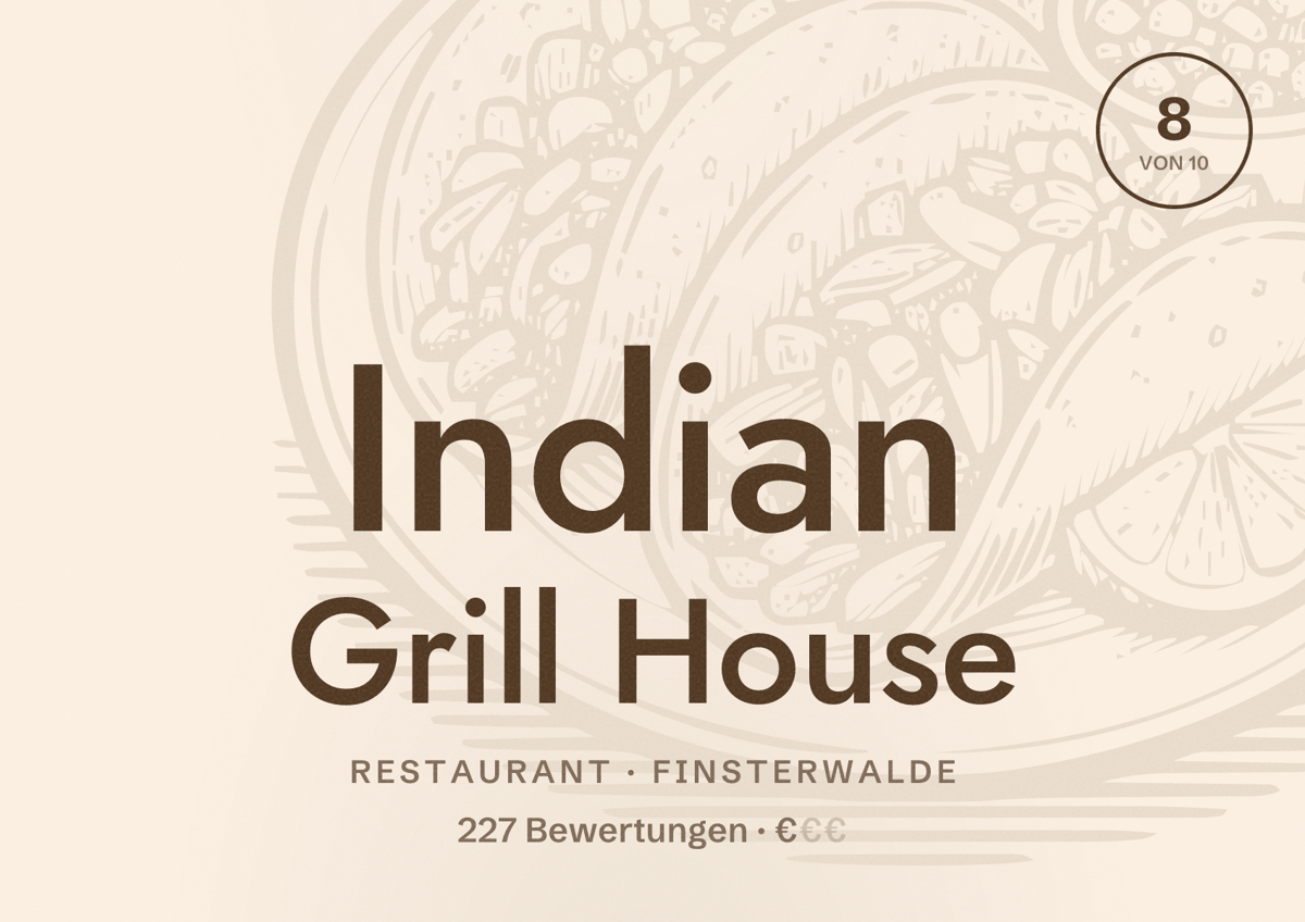 Illustriertes Poster von Indian Grill House, Restaurant in Finsterwalde: Bewertung 8 von 10 aus 227 Bewertungen, Preisniveau €