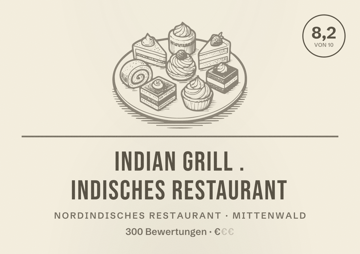 Illustriertes Poster von Indian Grill . Indisches Restaurant, Nordindisches Restaurant in Mittenwald: Bewertung 8,2 von 10 aus 300 Bewertungen, Preisniveau €