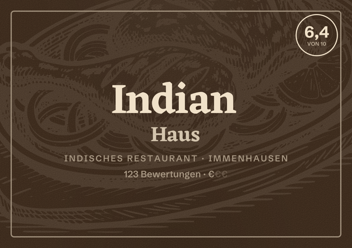 Illustriertes Poster von Indian Haus, Indisches Restaurant in Immenhausen: Bewertung 6,4 von 10 aus 123 Bewertungen, Preisniveau €