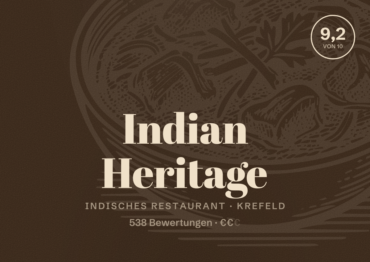 Illustriertes Poster von Indian Heritage, Indisches Restaurant in Krefeld: Bewertung 9,2 von 10 aus 538 Bewertungen, Preisniveau €€