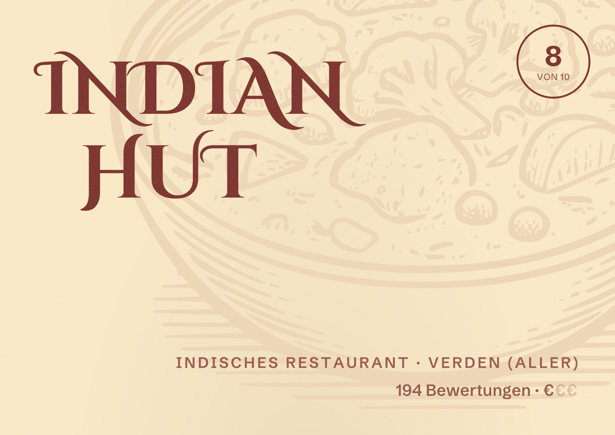 Illustriertes Poster von INDIAN HUT, Indisches Restaurant in Verden (Aller): Bewertung 8 von 10 aus 194 Bewertungen, Preisniveau €