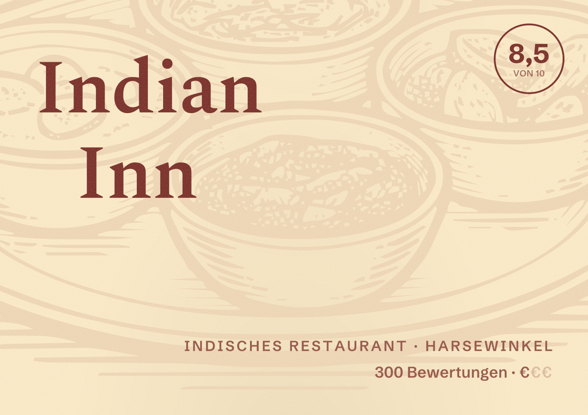 Illustriertes Poster von Indian Inn, Indisches Restaurant in Harsewinkel: Bewertung 8,5 von 10 aus 300 Bewertungen, Preisniveau €