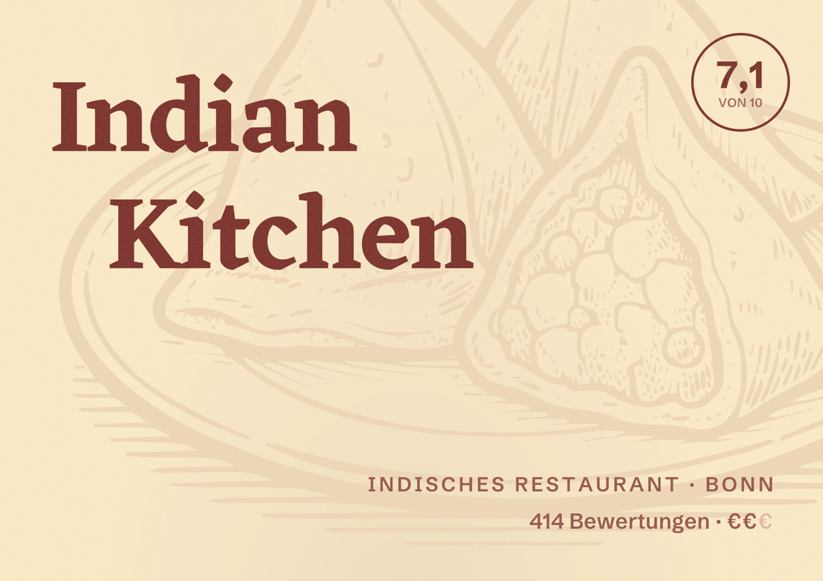 Illustriertes Poster von Indian Kitchen, Indisches Restaurant in Bonn: Bewertung 7,1 von 10 aus 414 Bewertungen, Preisniveau €€