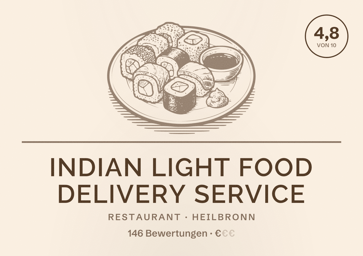 Illustriertes Poster von Indian Light food delivery service, Restaurant in Heilbronn: Bewertung 4,8 von 10 aus 146 Bewertungen, Preisniveau €