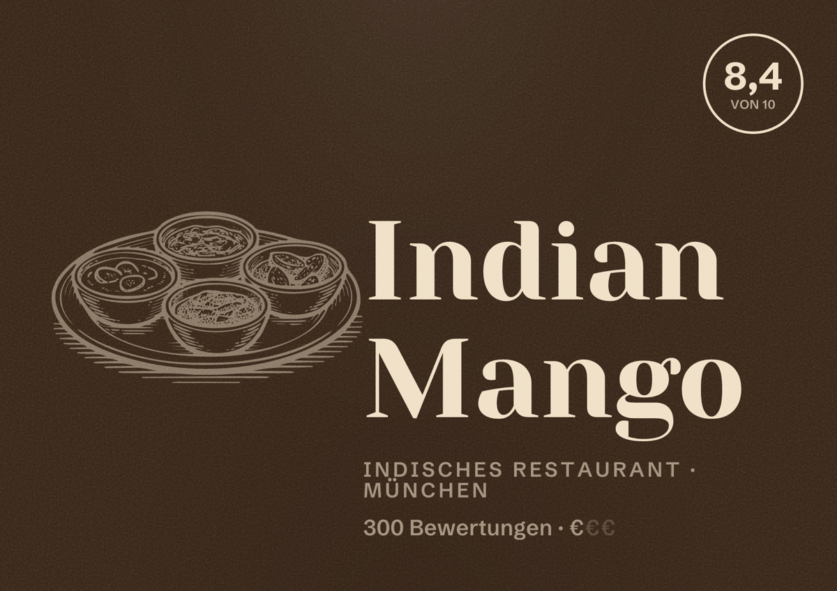 Illustriertes Poster von Indian Mango, Indisches Restaurant in München: Bewertung 8,4 von 10 aus 300 Bewertungen, Preisniveau €