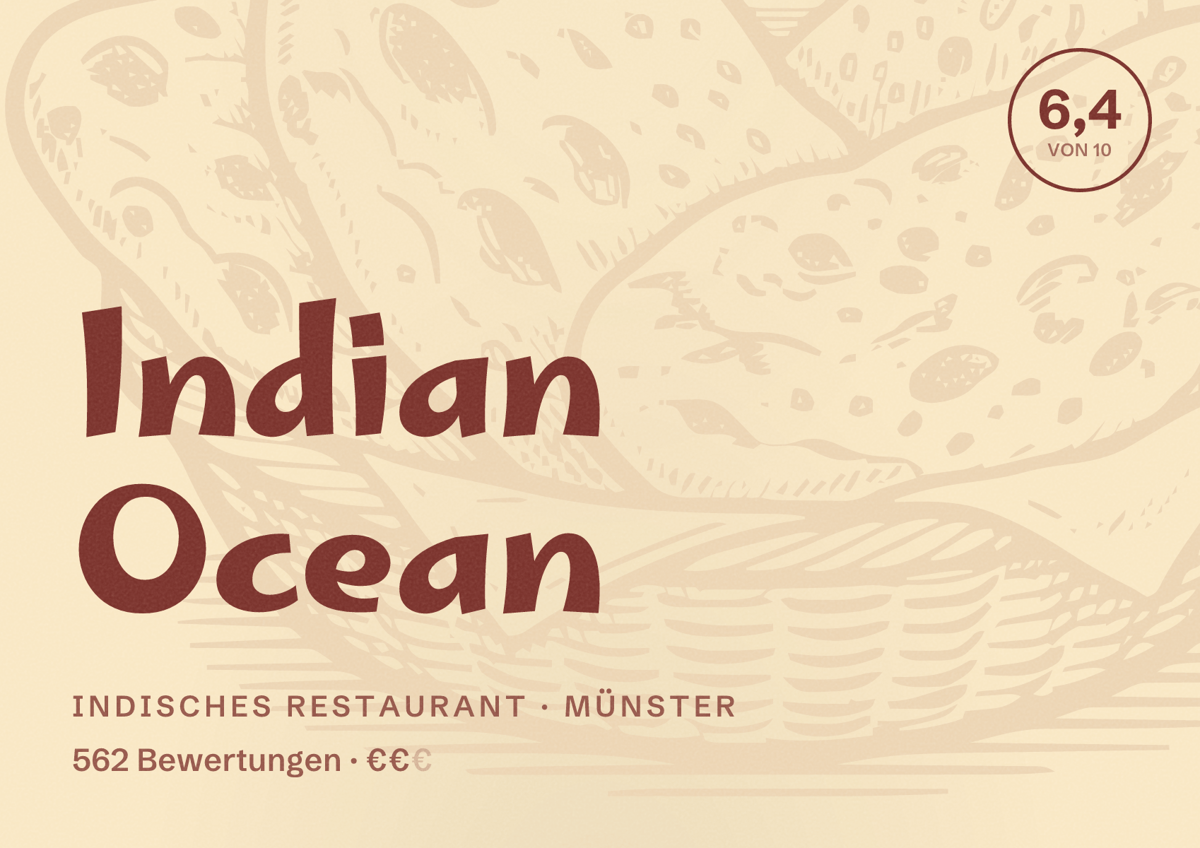 Illustriertes Poster von Indian Ocean, Indisches Restaurant in Münster: Bewertung 6,4 von 10 aus 562 Bewertungen, Preisniveau €€