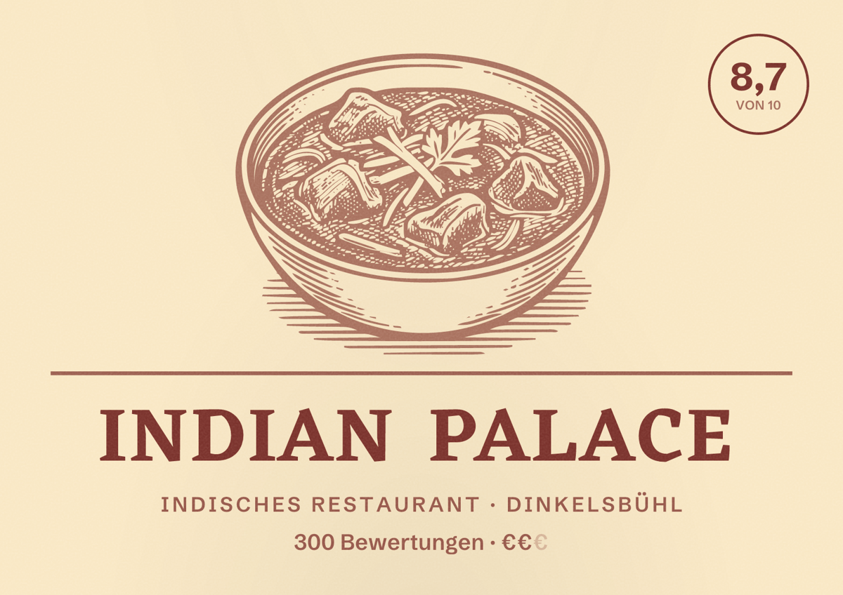 Illustriertes Poster von Indian Palace, Indisches Restaurant in Dinkelsbühl: Bewertung 8,7 von 10 aus 300 Bewertungen, Preisniveau €€