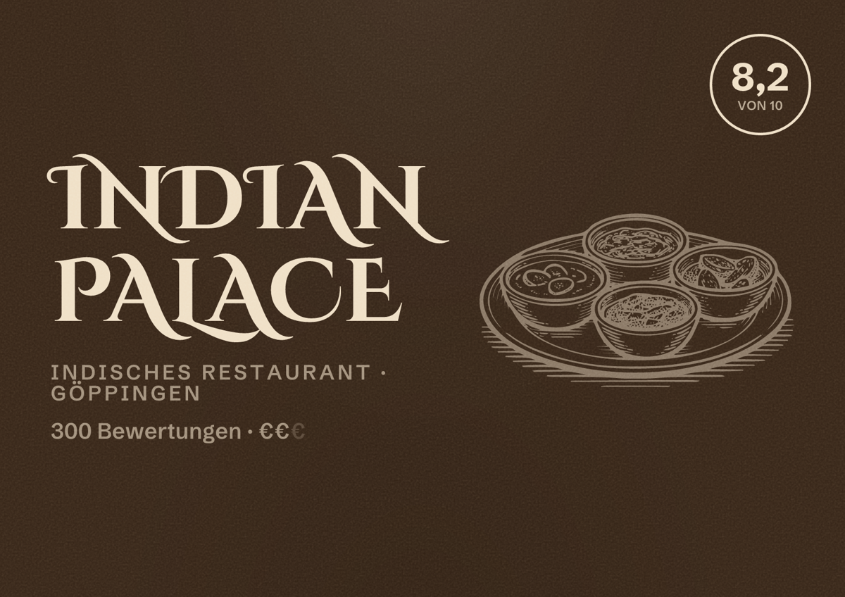 Illustriertes Poster von Indian Palace, Indisches Restaurant in Göppingen: Bewertung 8,2 von 10 aus 300 Bewertungen, Preisniveau €€