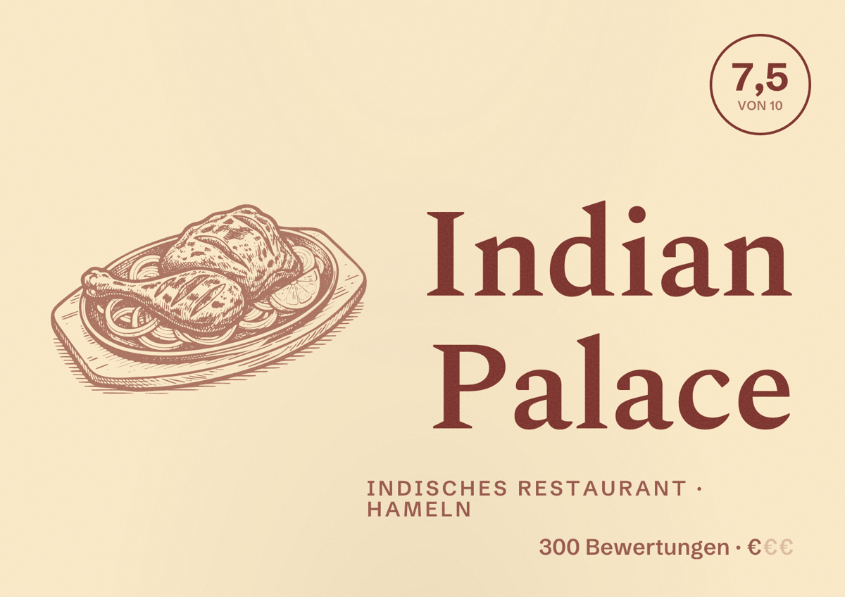Illustriertes Poster von Indian Palace, Indisches Restaurant in Hameln: Bewertung 7,5 von 10 aus 300 Bewertungen, Preisniveau €
