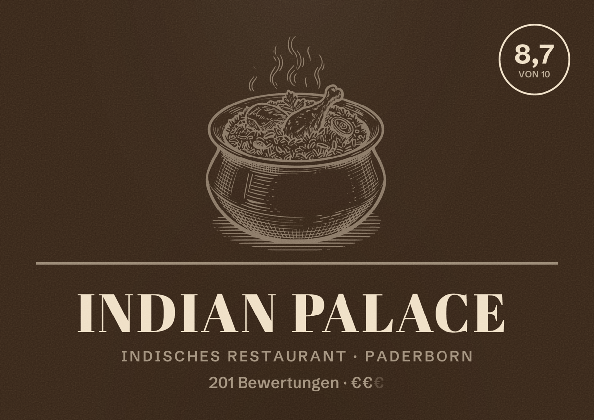 Illustriertes Poster von Indian Palace, Indisches Restaurant in Paderborn: Bewertung 8,7 von 10 aus 201 Bewertungen, Preisniveau €€