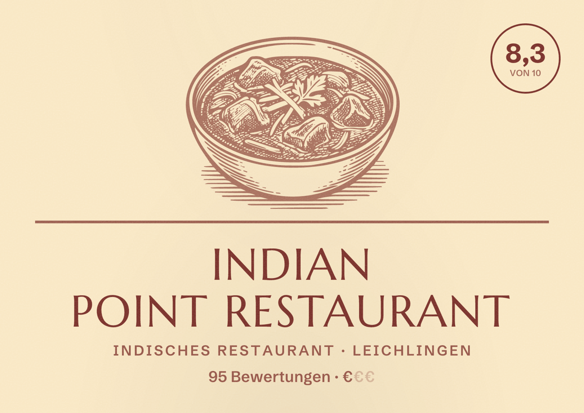 Illustriertes Poster von Indian Point Restaurant, Indisches Restaurant in Leichlingen: Bewertung 8,3 von 10 aus 95 Bewertungen, Preisniveau €