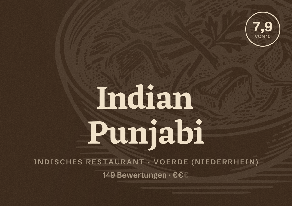 Illustriertes Poster von Indian Punjabi, Indisches Restaurant in Voerde (Niederrhein): Bewertung 7,9 von 10 aus 149 Bewertungen, Preisniveau €€