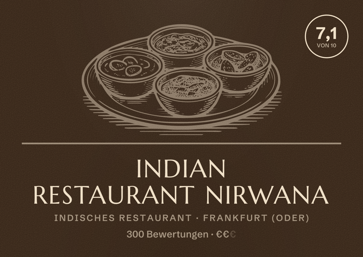 Illustriertes Poster von Indian Restaurant Nirwana, Indisches Restaurant in Frankfurt (Oder): Bewertung 7,1 von 10 aus 300 Bewertungen, Preisniveau €€