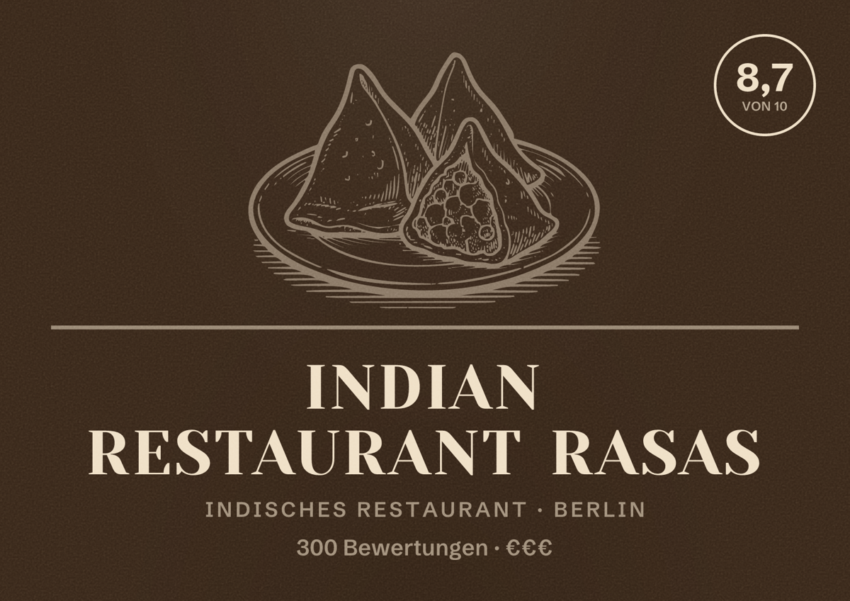 Illustriertes Poster von Indian Restaurant Rasas, Indisches Restaurant in Berlin: Bewertung 8,7 von 10 aus 300 Bewertungen, Preisniveau €€€