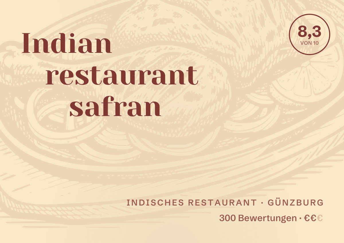 Illustriertes Poster von Indian restaurant safran, Indisches Restaurant in Günzburg: Bewertung 8,3 von 10 aus 300 Bewertungen, Preisniveau €€