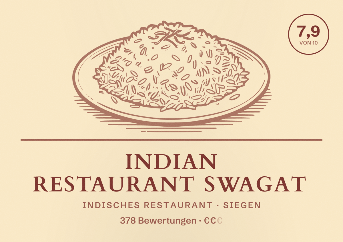 Illustriertes Poster von Indian Restaurant Swagat, Indisches Restaurant in Siegen: Bewertung 7,9 von 10 aus 378 Bewertungen, Preisniveau €€