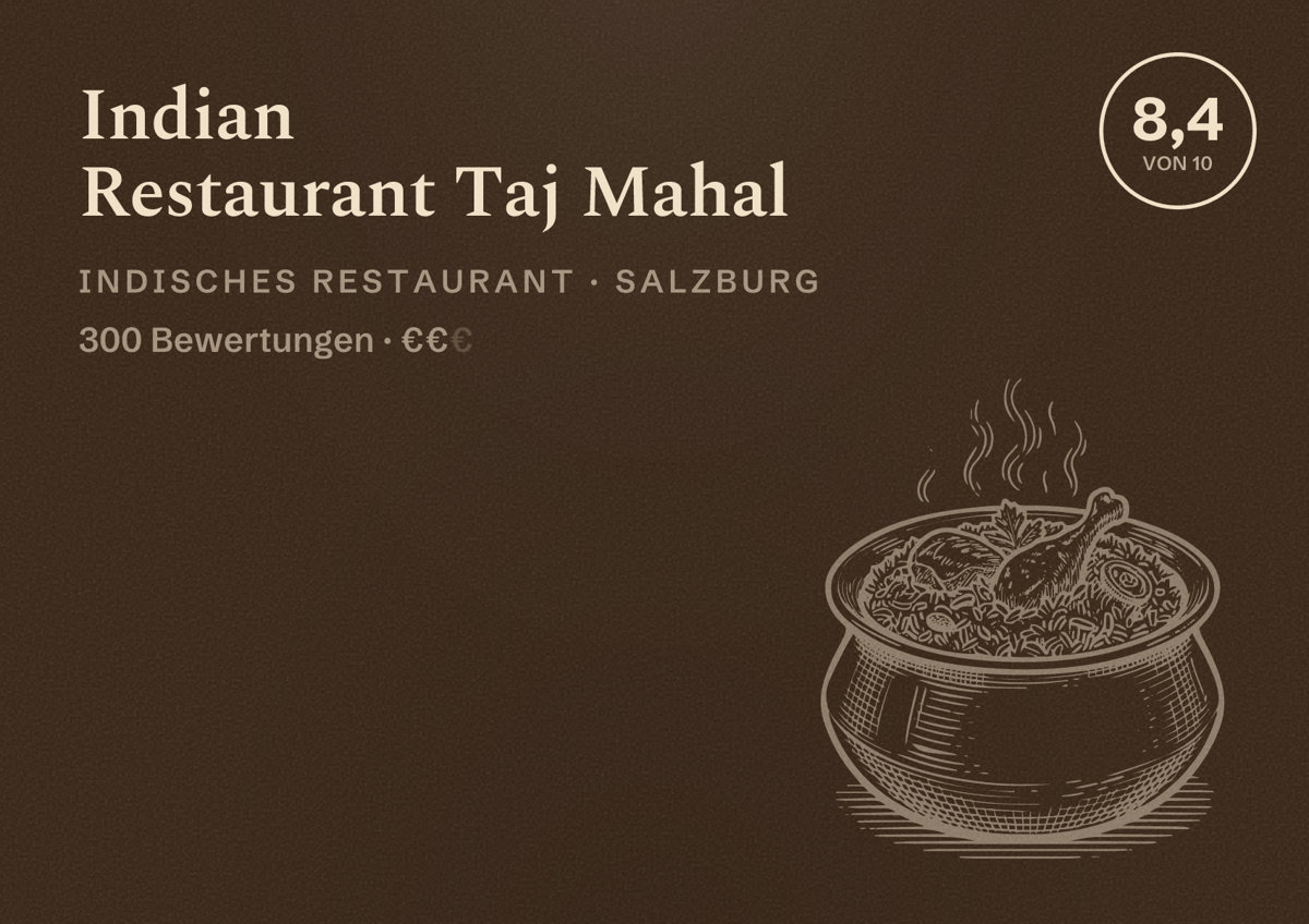 Illustriertes Poster von Indian Restaurant Taj Mahal, Indisches Restaurant in Salzburg: Bewertung 8,4 von 10 aus 300 Bewertungen, Preisniveau €€
