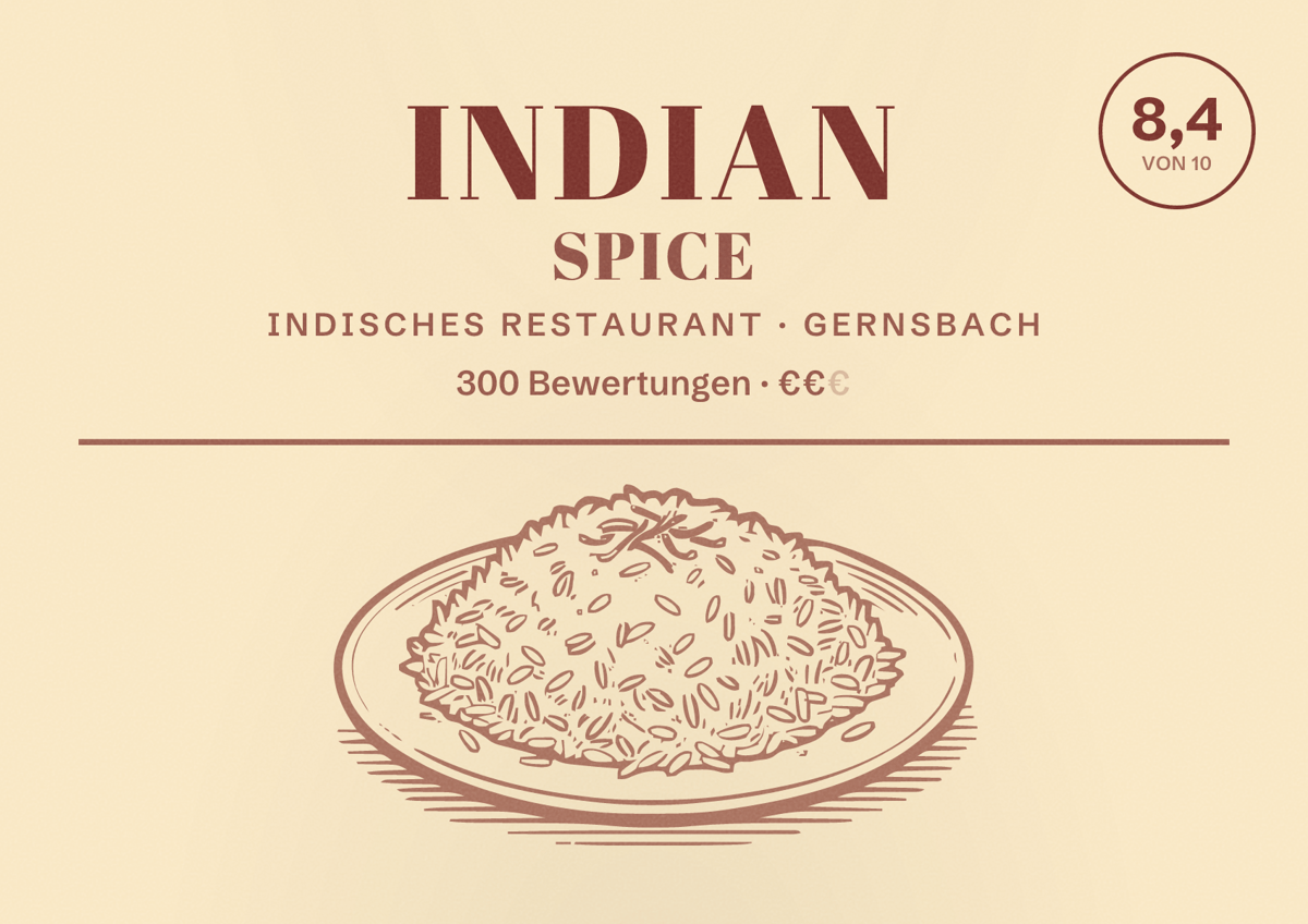 Illustriertes Poster von Indian Spice, Indisches Restaurant in Gernsbach: Bewertung 8,4 von 10 aus 300 Bewertungen, Preisniveau €€