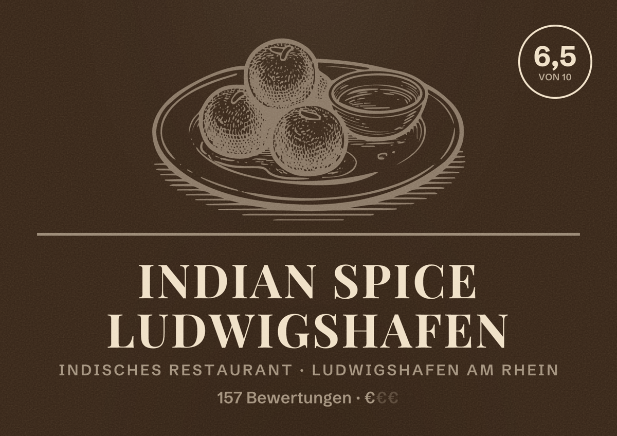 Illustriertes Poster von Indian Spice Ludwigshafen, Indisches Restaurant in Ludwigshafen am Rhein: Bewertung 6,5 von 10 aus 157 Bewertungen, Preisniveau €