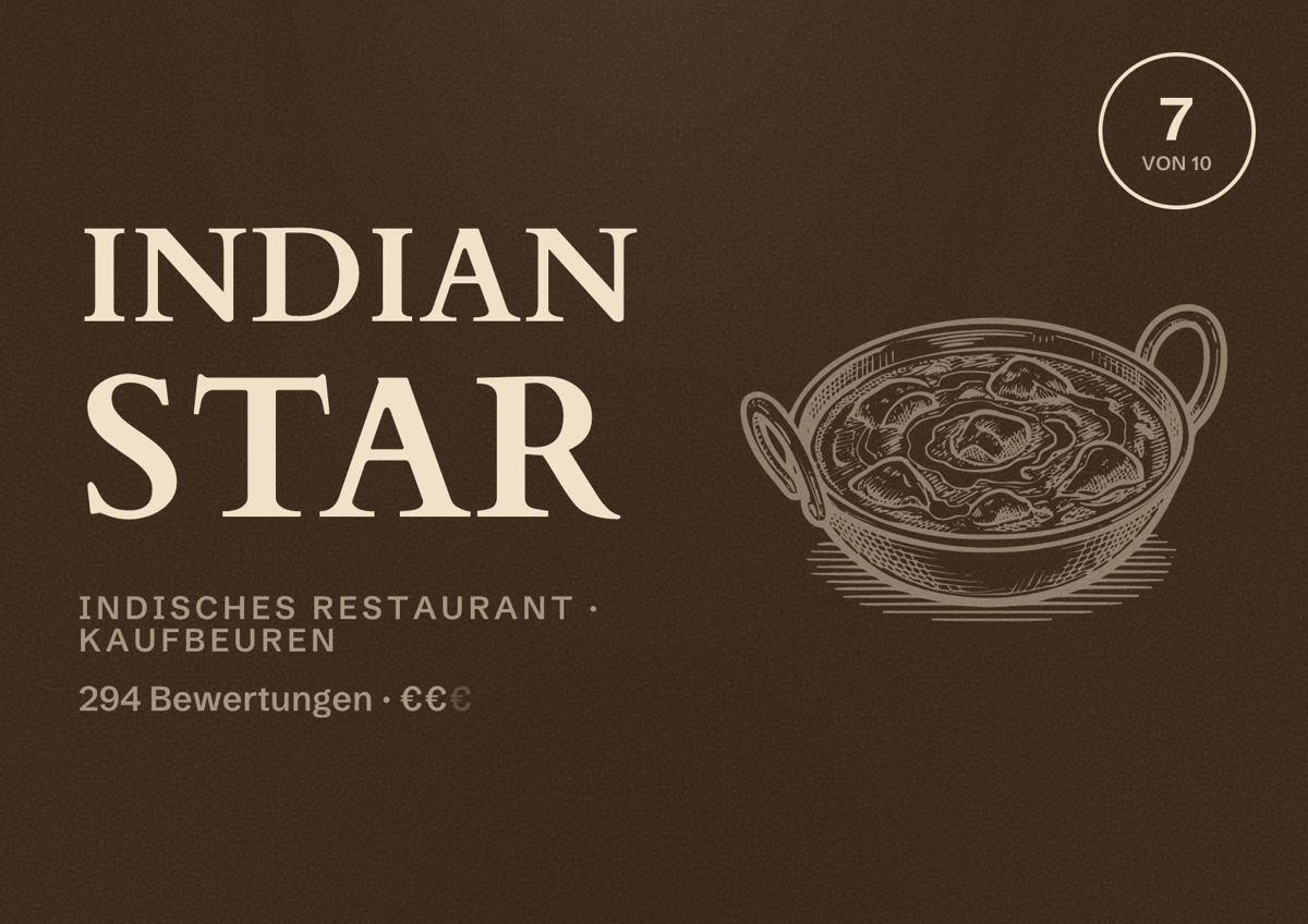 Illustriertes Poster von Indian Star, Indisches Restaurant in Kaufbeuren: Bewertung 7 von 10 aus 294 Bewertungen, Preisniveau €€